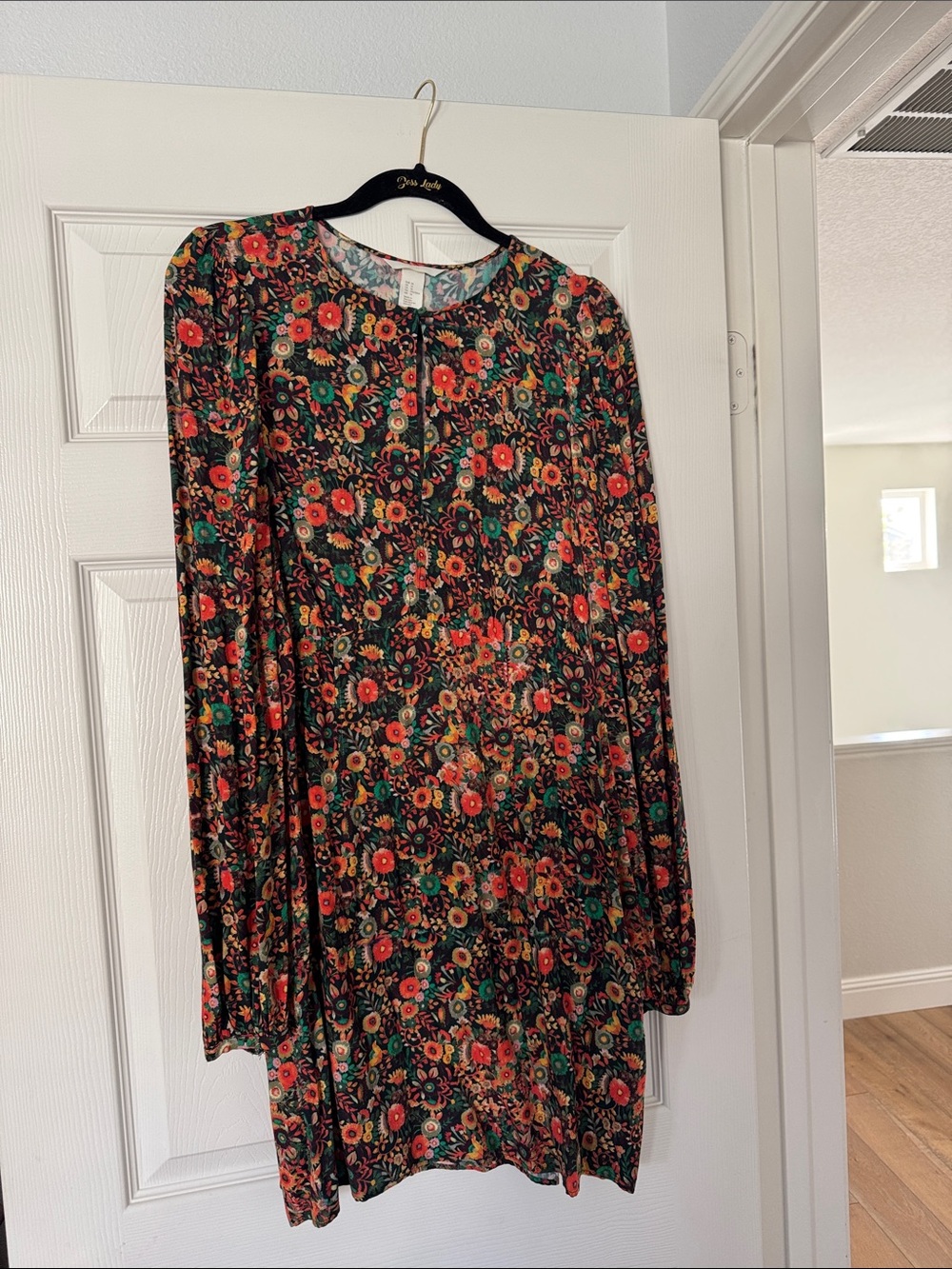 H&M Black Floral Long-Sleeve Shift Dress with Red & Green Blooms